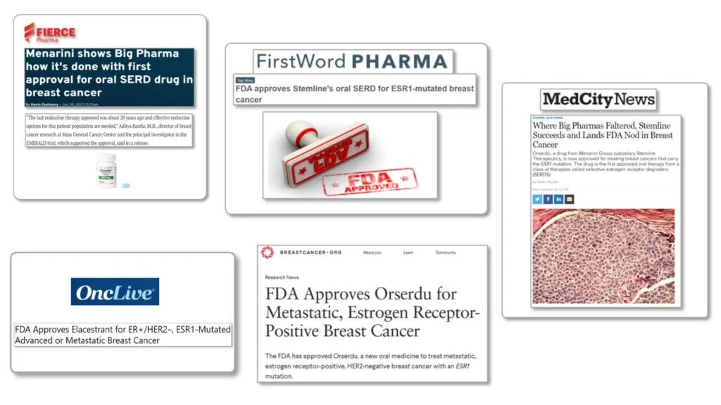 Collage of articles related to work done with Menarini