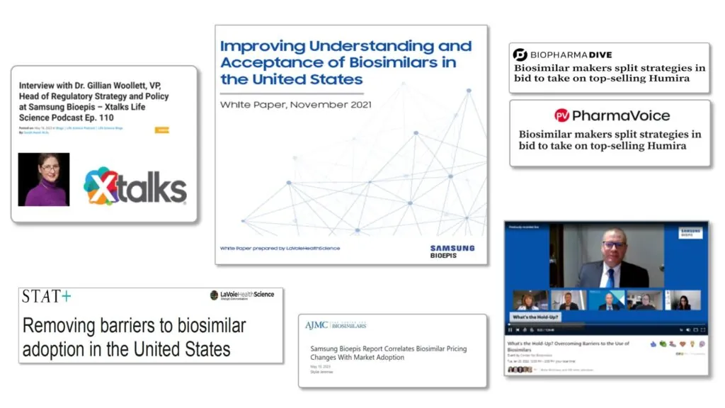 Collage of articles related to work done with Samsung Bioepis